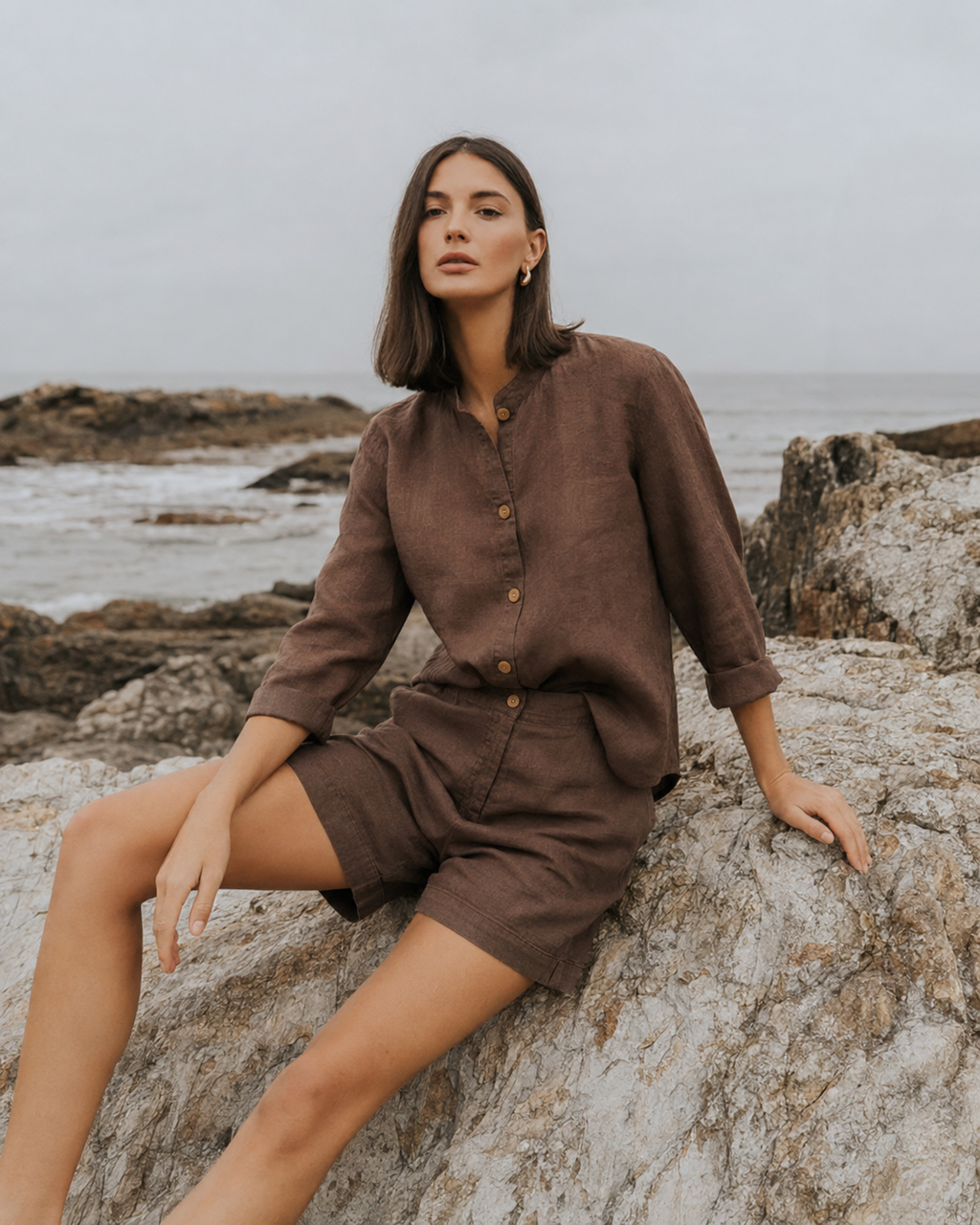 Mandarin Collar Linen Shirt - Brown