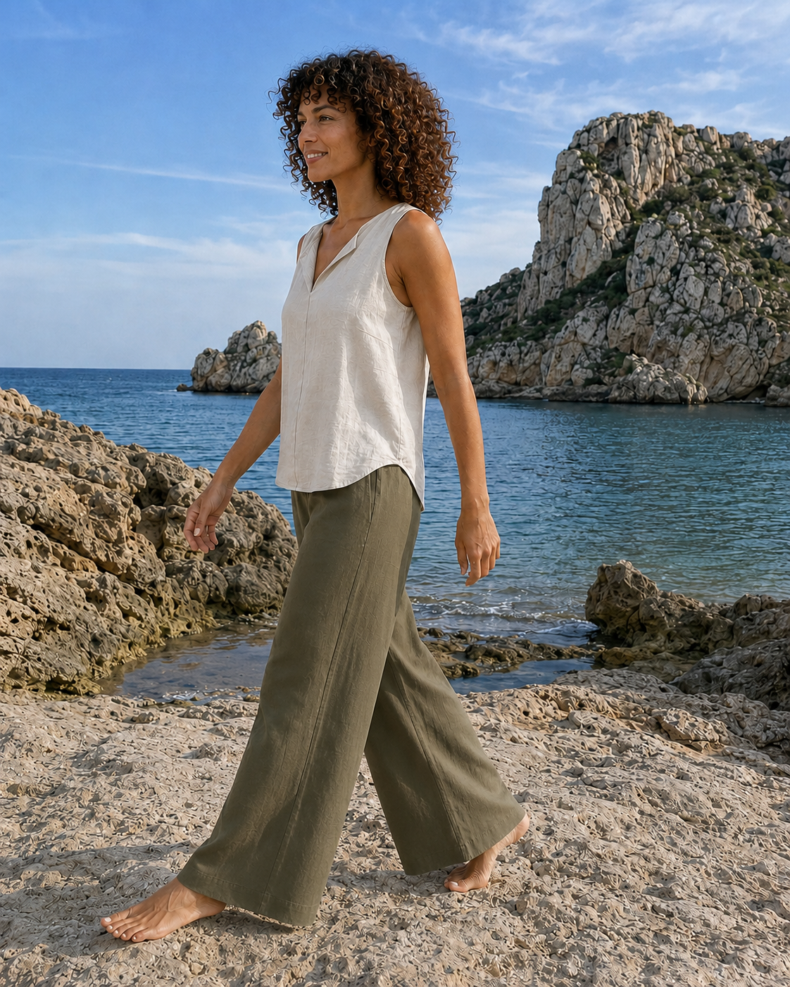 Sleeveless Linen Blouse - Beige