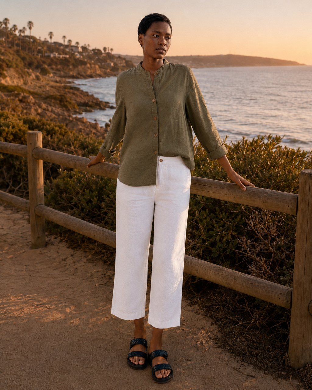 Mandarin Collar Linen Shirt - Khaki