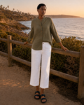 Mandarin Collar Linen Shirt - Khaki