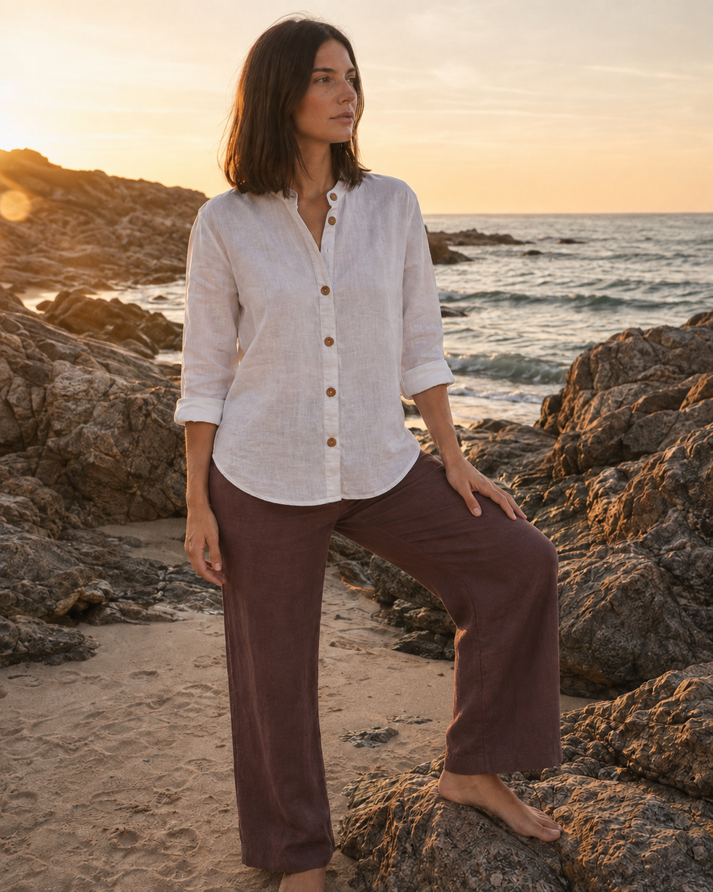 Mandarin Collar Linen Shirt - White