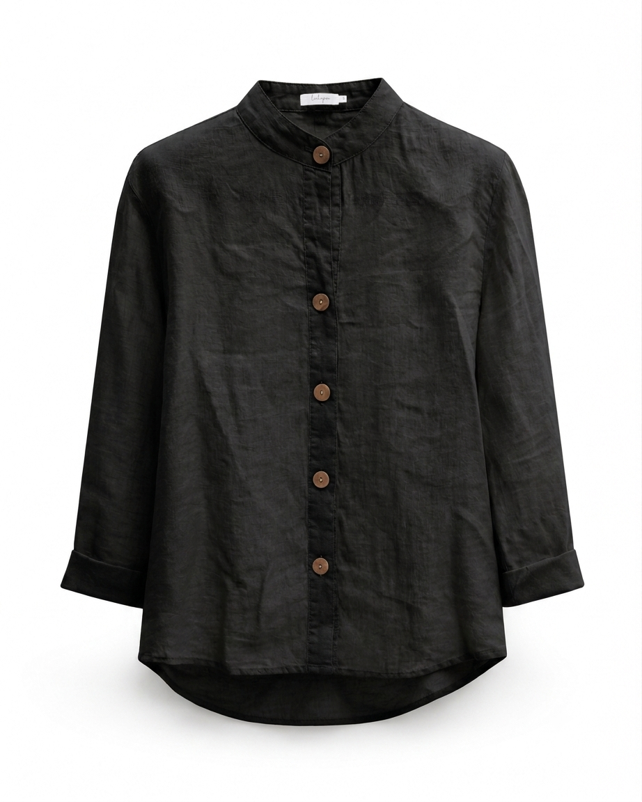 Mandarin Collar Linen Shirt - Black