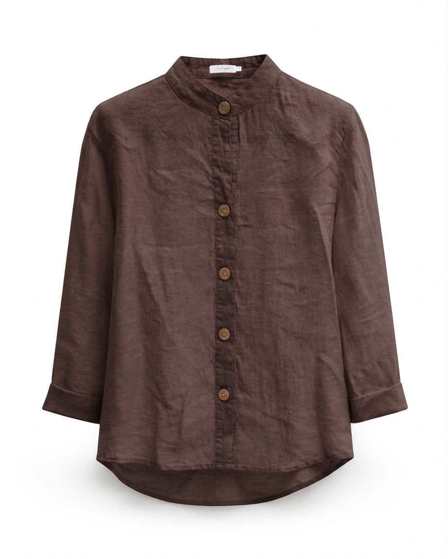Mandarin Collar Linen Shirt - Brown