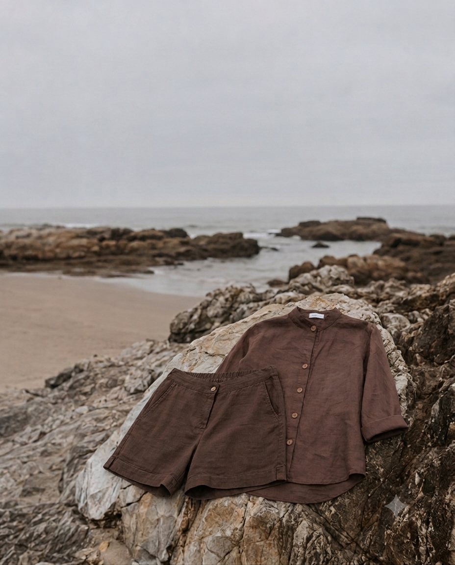 Mandarin Collar Linen Shirt - Brown