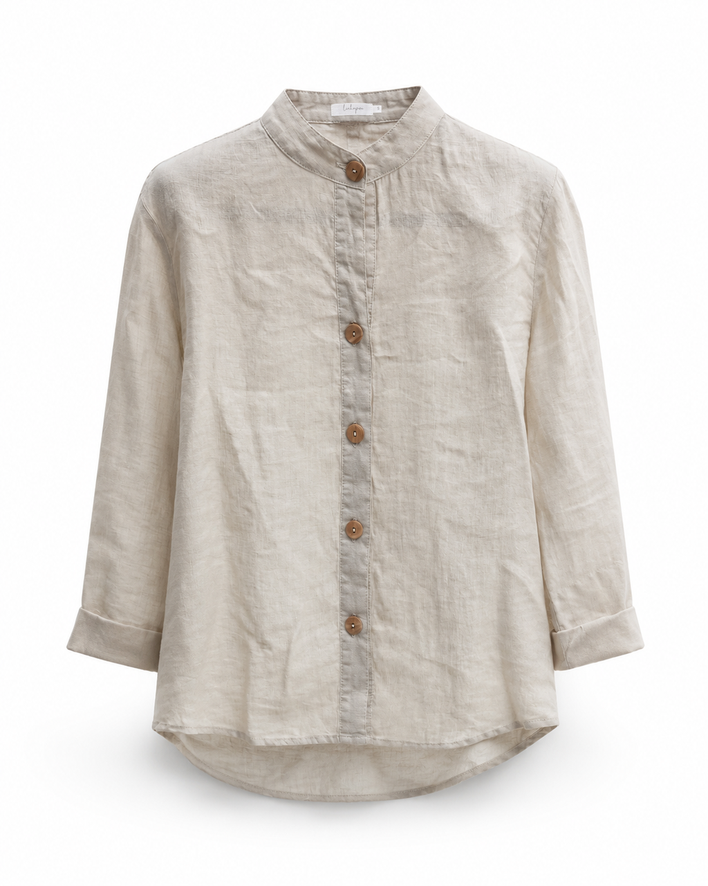 Mandarin Collar Linen Shirt - Beige