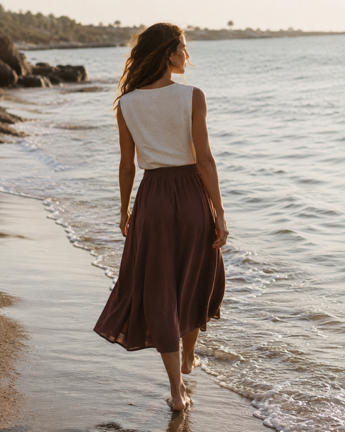 Linen Midi Skirt - Brown