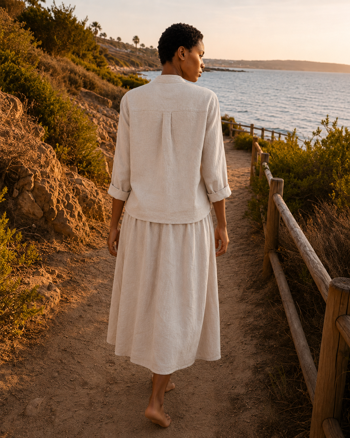 Mandarin Collar Linen Shirt - Beige